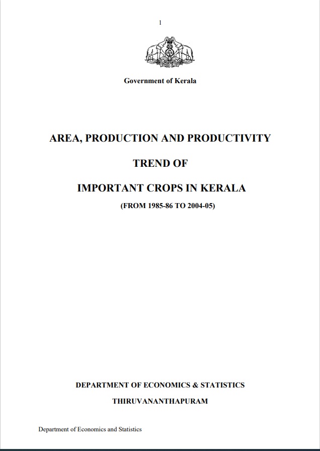 Area, Production and Productivity trend of important crops in Kerala 1985-86 to 2004-05