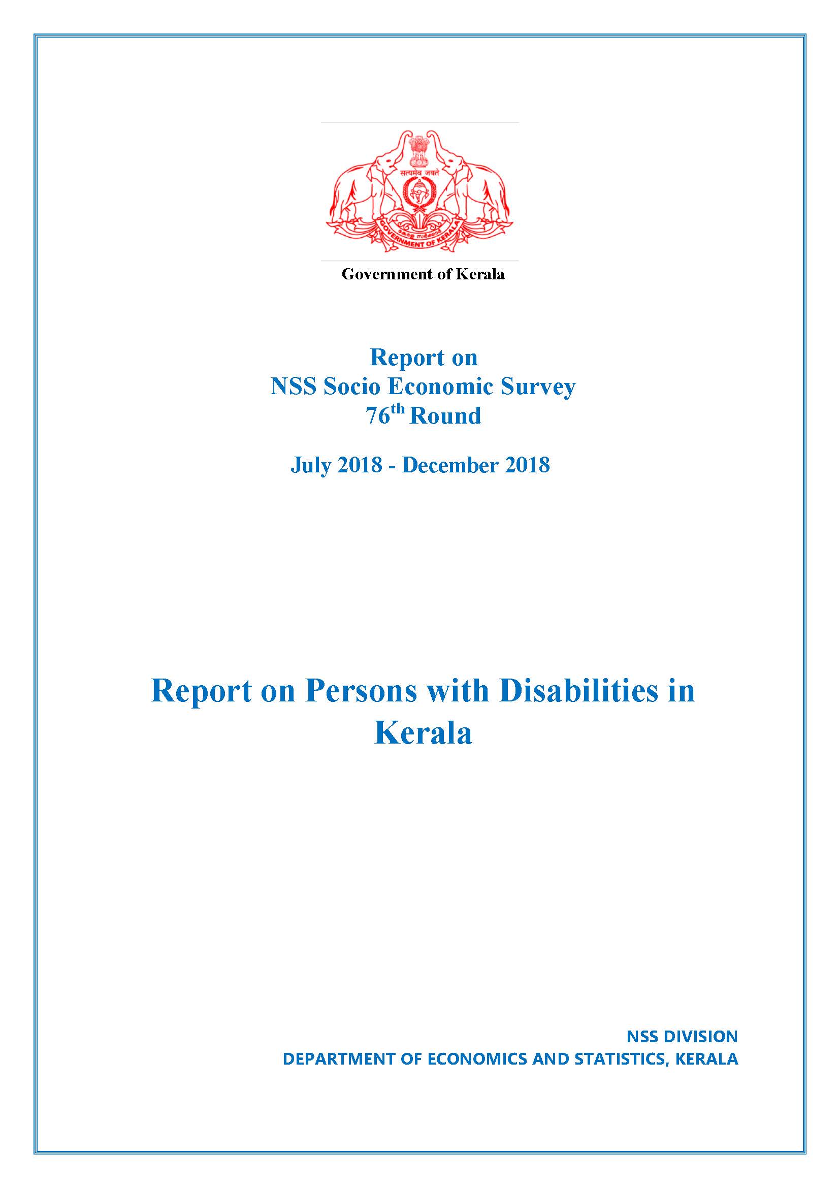 NSS 76th round - Report on NSS Socio Economic Survey - Report on Persons with Disabilities in Kerala