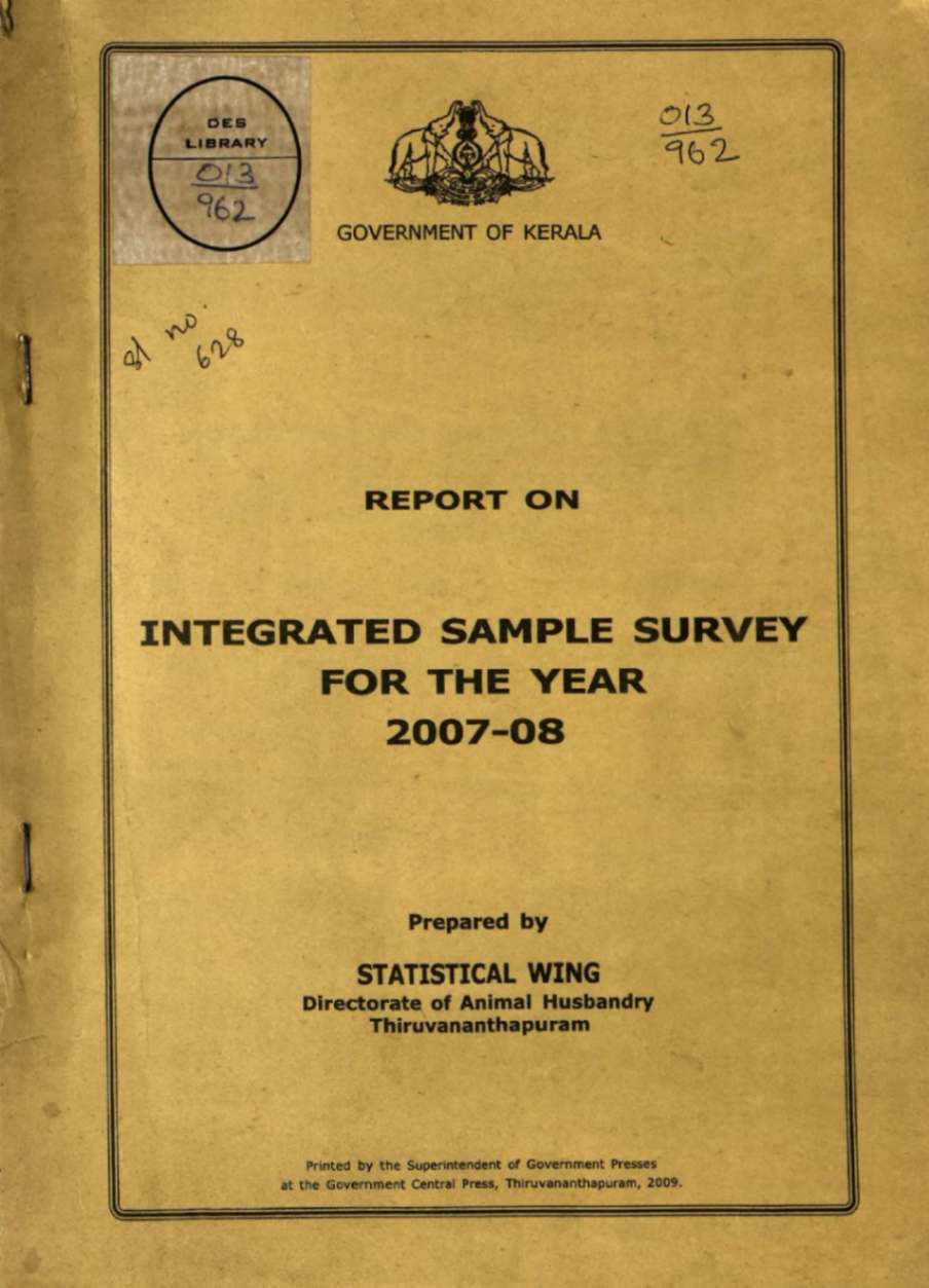 REPORT ON INTEGRATED SAMPLE SURVEY (MILK, MEAT, EGG) FOR THE YEAR 2007-08