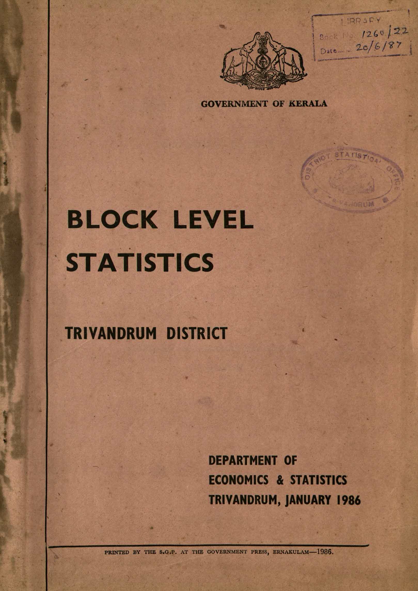 BLOCK LEVEL STATISTICS TRIVANDRUM DISTRICT 1986